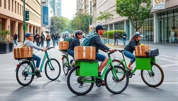 An urban delivery scene with eco-friendly cargo bikes loaded with packages, weaving through city streets and pedestrian areas, showcasing the efficiency and sustainability of the green urban delivery service.