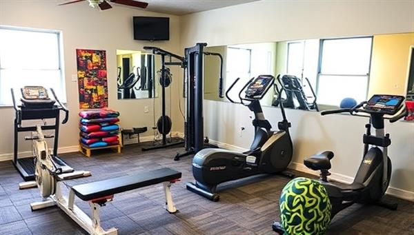 A vibrant and energetic home gym scene featuring a range of fitness equipment covered in personalized FitWrap covers, each uniquely designed with bold patterns and colors, enhancing the space and reflecting the owner