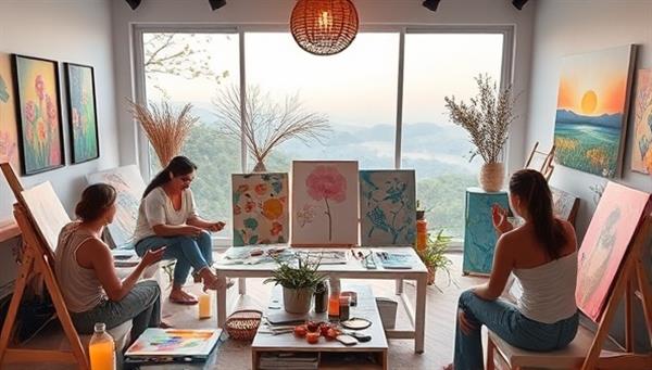 A tranquil virtual art studio setting with participants engaging in expressive art activities, surrounded by colorful art supplies, soothing background music, and tranquil nature visuals, creating a peaceful and therapeutic environment for emotional healing and self-expression.