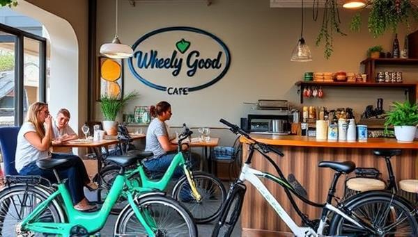 A cozy cafe setting with electric bikes parked outside, customers enjoying coffee and snacks, and a barista preparing drinks with a backdrop of bike-themed decor, creating a welcoming and vibrant atmosphere at Wheely Good Cafe.