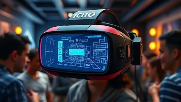 A virtual reality headset displaying a futuristic and immersive escape room setting with digital clues and puzzles, surrounded by a group of players interacting and strategizing, highlighting the engaging VR experience.