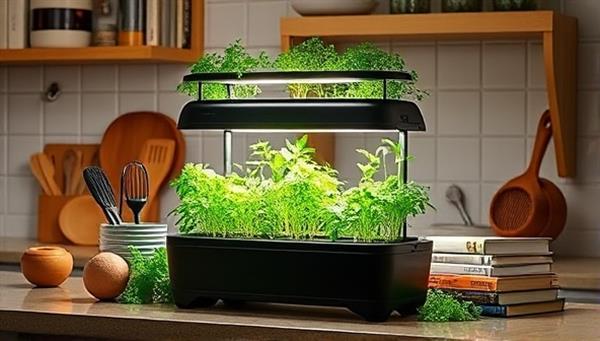 A stylish and compact hydroponic herb garden kit displayed on a kitchen countertop, with flourishing herbs under LED grow lights, surrounded by culinary utensils and recipe books, creating a cozy and functional home gardening setup for customers.