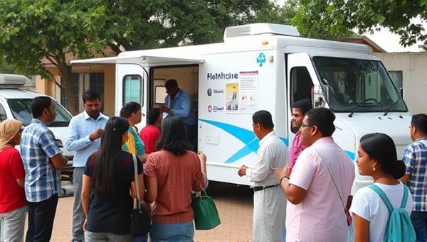 An outdoor setting with a mobile healthcare unit parked in a community space, surrounded by diverse individuals receiving health screenings, medical consultations, and educational materials, symbolizing accessible and inclusive healthcare services.
