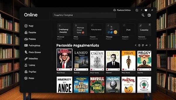 An online platform interface showcasing a user-friendly magazine selection screen with personalized recommendations, diverse genre options, and a virtual library backdrop, depicting a digital reading paradise tailored to individual tastes.