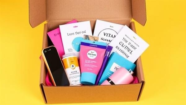 An aesthetically designed subscription box filled with vibrant health tech gadgets, wellness products, and motivational cards, evoking feelings of excitement and self-care, reflecting the diverse and enriching contents of the VitalBox Wellness subscription service.