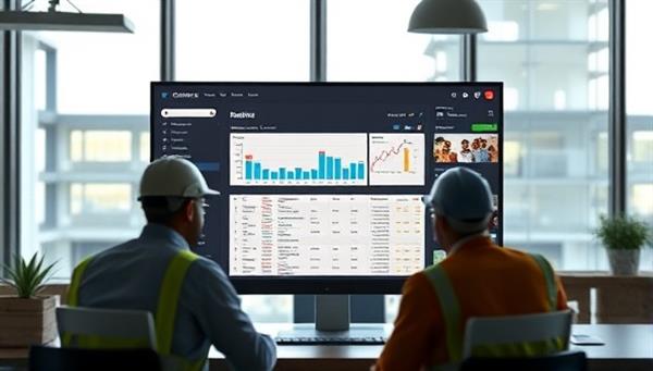 A construction project dashboard on a computer screen displaying project timelines, budget tracking, and team collaboration features, with construction workers and managers discussing progress during a virtual meeting, highlighting the efficiency and transparency of construction project management software.