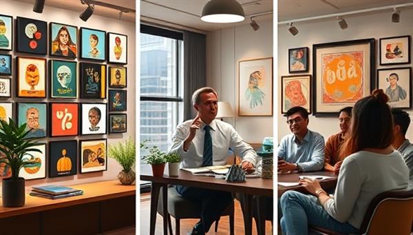 A digital art gallery showcasing various NFTs, a consultant discussing investment strategies with a client in a cozy office setting, and a diverse group of art enthusiasts attending an NFT investment workshop, conveying expertise and creativity in the NFT space.