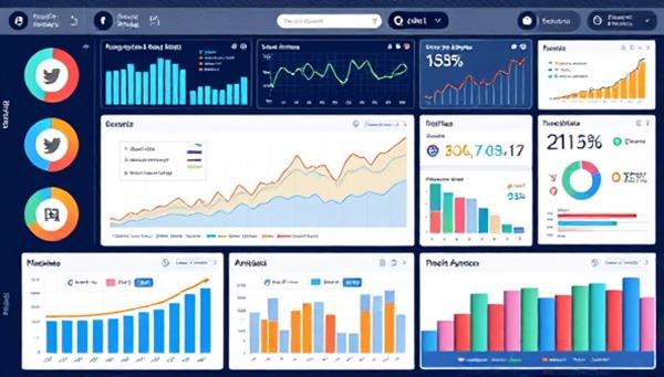 An AI-powered dashboard illustrating real-time social media analytics, engagement metrics, and trend predictions, surrounded by graphs and charts displaying data insights and recommendations, showcasing the innovative and data-focused capabilities of SocialInsightAI for social media optimization.