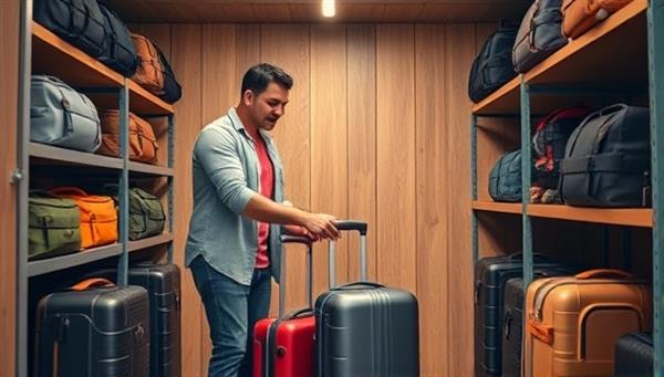 An inviting image of a traveler handing over their luggage to a friendly local host in a cozy storage space, with shelves filled with neatly stored bags and suitcases, showcasing the convenience and security of using StowAway Connect for luggage storage needs.