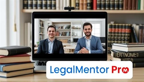 An image of a virtual mentorship session with a mentor and mentee on a video call discussing legal career development, surrounded by legal books and a LegalMentor Pro logo, illustrating a supportive and professional mentorship environment for aspiring legal professionals.