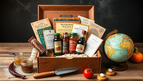 An enticing culinary box overflowing with exotic spices, colorful recipe cards, artisanal condiments, and cultural tokens, accompanied by a wooden cutting board, a chef