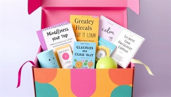 An artistic representation of a colorful subscription box filled with mindfulness tools, relaxation aids, positive affirmation cards, and wellness guides, designed to evoke a sense of calm and joy for teens exploring self-care practices.