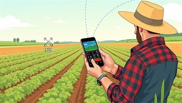 An illustration of a farmer checking a smartphone app displaying real-time data on weather conditions, soil moisture, and crop health, with IoT sensors visible in the field, highlighting the efficiency and convenience of IoT-based agricultural monitoring systems for precision farming.