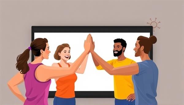 An illustration of diverse individuals virtually high-fiving each other on a workout screen, symbolizing the supportive and motivating community fostered by FitConnect.