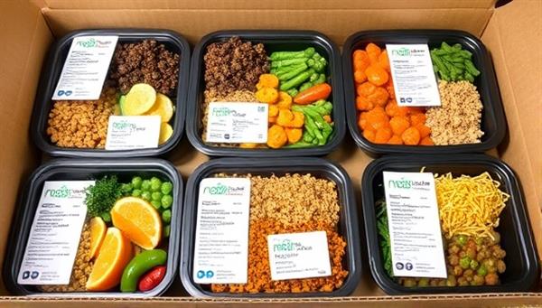 An array of colorful and appetizing prepared meal trays arranged neatly in a delivery box with fresh ingredients and nutritional labels, showcasing the convenience and health benefits of NourishFuel Delivery