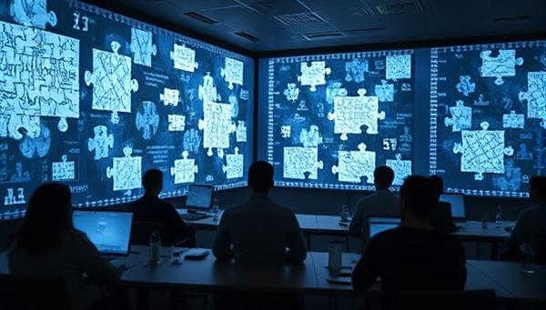 A virtual room filled with intricate puzzles projected on screens, with participants collaborating online to solve challenges, creating an atmosphere of mystery and teamwork.