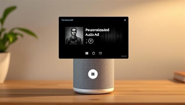 An image depicting a smart speaker device playing a personalized audio ad in response to a user
