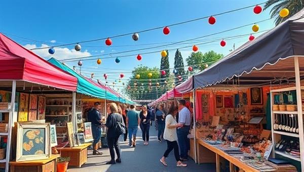 An outdoor pop-up market scene with colorful tents, artisan stalls displaying handmade goods, and vibrant decorations, bustling with visitors exploring unique crafts and interacting with local artisans, capturing the essence of community creativity and artistic expression.