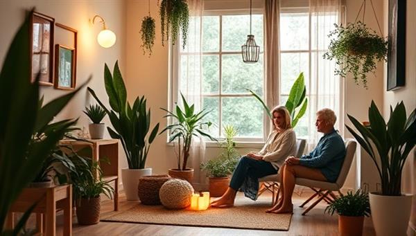 A cozy and inviting wellness studio with soft lighting, lush plants, and calming decor, featuring a health coach consulting with a client in a comfortable setting, promoting relaxation and well-being.