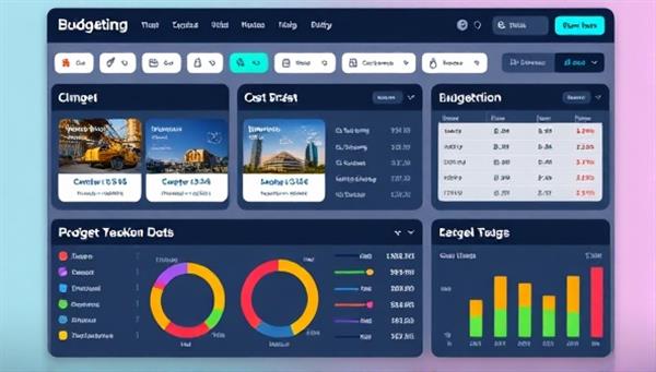 An interactive budgeting interface showcasing different construction project elements, cost breakdowns, and budget tracking tools, with a user-friendly design and colorful charts illustrating budget allocations, appealing to users looking for efficient budget management solutions.