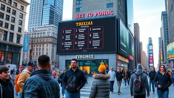 A bustling city square featuring a large digital billboard displaying a trivia game where passersby are enthusiastically participating, capturing the essence of interactive engagement and excitement.
