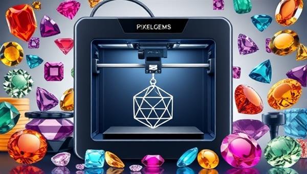 An artistic rendering of a sleek, modern 3D printer crafting a delicate, customized pendant, surrounded by a variety of vibrant gemstone designs, showcasing the fusion of technology and fashion in PixelGems