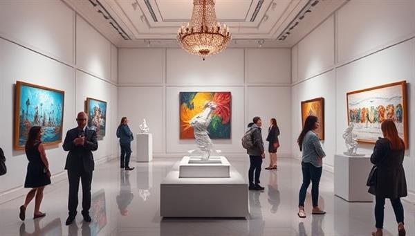 An artistic and elegant virtual gallery setting with vibrant paintings and sculptures displayed on digital screens, surrounded by virtual visitors exploring the artworks, creating a sophisticated and immersive art experience.