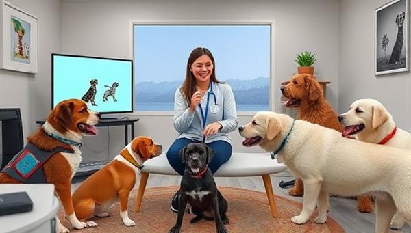 A virtual pet training session scene with a trainer guiding pet owners through obedience exercises and behavior training on their screens, surrounded by happy and well-behaved pets, showcasing harmony and learning in the virtual pet training environment.