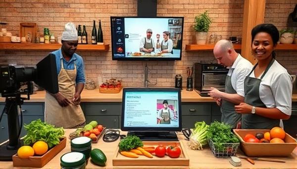 An interactive kitchen setup with chefs demonstrating cooking techniques on camera, surrounded by fresh ingredients, utensils, and a digital recipe display, inviting participants to join in the culinary experience virtually.