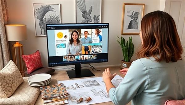 A virtual design studio setup with a designer engaging with a client via video call, presenting mood boards and design concepts on a digital screen, surrounded by fabric swatches, decor samples, and architectural plans, illustrating a collaborative and innovative virtual design consultation experience.