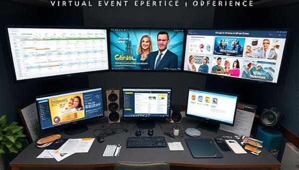 A virtual event planning command center with multiple screens displaying event schedules, guest lists, and interactive event activities, surrounded by event decor samples and virtual event branding materials, illustrating the behind-the-scenes coordination of a virtual event experience.