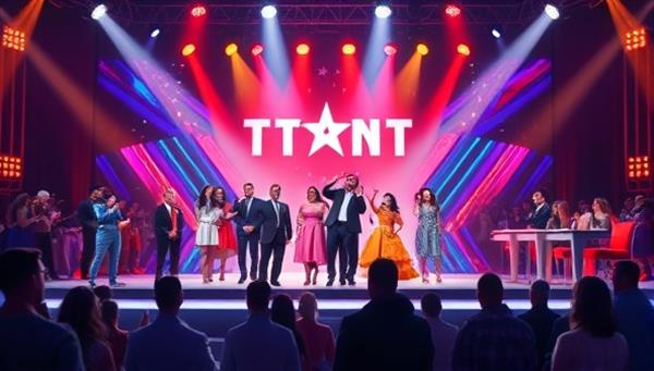 A dynamic digital illustration of a diverse group of performers showcasing their talents on a virtual stage, with vibrant lights, cheering audiences, and a panel of judges, capturing the excitement and energy of a talent show competition.
