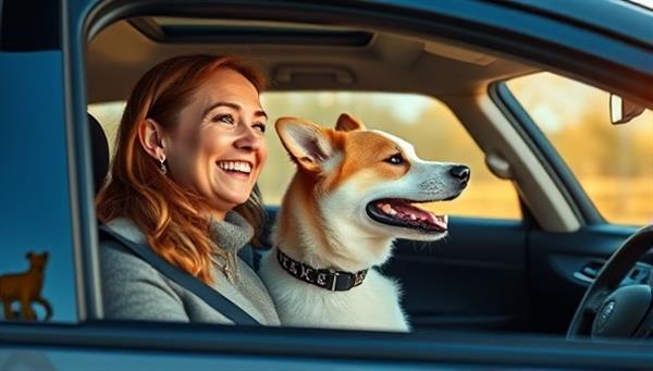 A heartwarming image of a pet owner smiling while sitting in a pet-friendly car with their beloved dog, both looking out of the window with excitement, showcasing the joy and convenience of using Paws & Rides for pet transportation needs.