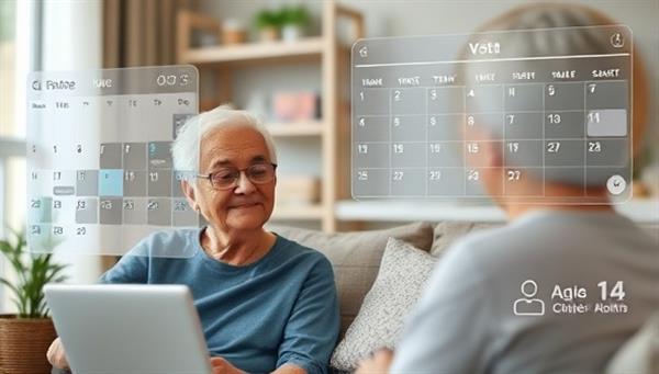 An elderly individual engaging in a virtual social activity with a caregiver, while a digital care calendar and medication reminder system are displayed in the background, showcasing compassionate care coordination and remote support for aging adults.