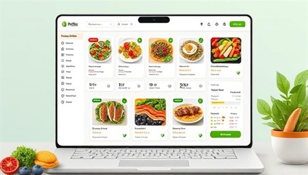 An artistic depiction of a digital meal planning platform interface displaying colorful and nutritious meal options, dietary recommendations, and interactive features for users to customize their meal plans and track their nutritional intake, conveying a sense of health-consciousness and personalized nutrition support provided by the subscription service.