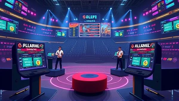 An illustration of a virtual arena with players competing in skill-based challenges, showcasing the intensity and strategic gameplay of the online betting games, with digital scoreboards and prizes displayed in the background.