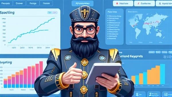 An AI-powered SEO guru analyzing website data and generating optimization suggestions on a digital interface, surrounded by graphs and keywords, illustrating the platform