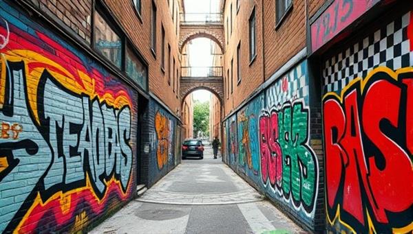 A dynamic urban alleyway transformed into a colorful and vibrant outdoor gallery of graffiti art showcasing various brands