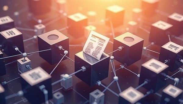 An artistic illustration of interconnected blockchain blocks forming a secure and transparent network, with accounting documents flowing through the blocks, symbolizing trust and verification in financial transactions.