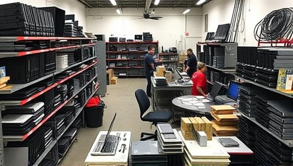 A bustling tech recycling center filled with shelves of refurbished laptops, phones, and gadgets, with technicians working on repairing devices and volunteers packaging tech donations for local schools and community centers, showcasing a blend of tech expertise and social impact.