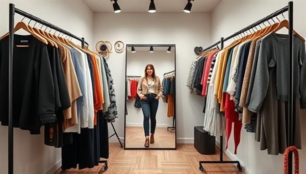 A virtual personal styling studio setup with racks of clothes, accessory displays, and a digital mirror showing outfit combinations, creating a stylish and trendy atmosphere for online styling consultations and fashion makeovers.