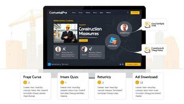 An educational graphic showcasing the online learning interface of ConstructPro Academy, with construction project management modules, interactive quizzes, and downloadable resources, illustrating the comprehensive and engaging nature of the courses.