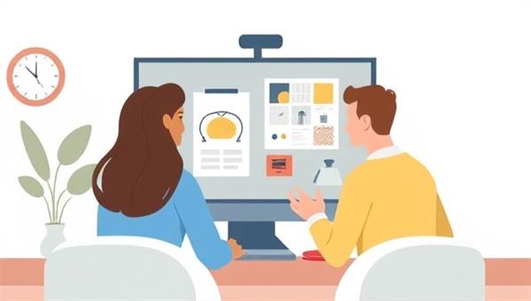 An illustration of a virtual design consultation session with a designer and a client engaging in a video call, discussing design elements on a shared screen, showcasing the personalized and interactive nature of DesignSage