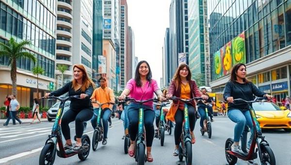 A vibrant cityscape showing a group of diverse individuals effortlessly riding electric scooters through bustling streets, highlighting the convenience and eco-friendly nature of the service.