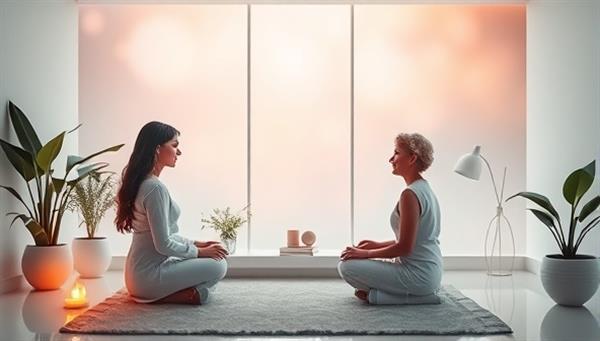 An ethereal image of a serene virtual consultation room with soothing colors, natural elements, and wellness symbols, featuring a holistic health practitioner engaging in a mindful discussion with a client, radiating calmness and harmony.