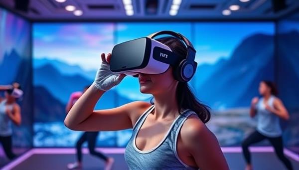 An immersive VR fitness environment featuring a user wearing a VR headset, engaging in virtual workouts like boxing, yoga, and high-intensity interval training amidst stunning digital landscapes and energizing music, combining entertainment and exercise in a dynamic setting.