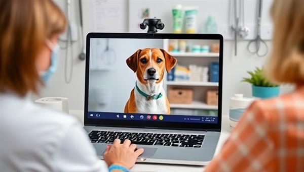 An image of a virtual veterinary consultation session with a pet owner presenting their pet to the screen for examination, with medical tools and pet care products in the background, showcasing the convenience and personalized care of PetPulse Care