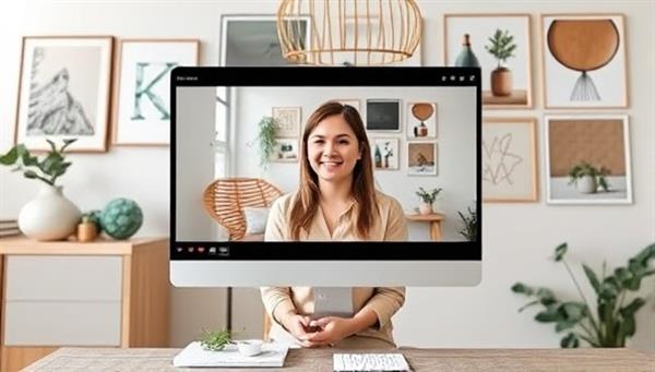 A virtual design consultation session with a designer presenting a digital mood board and color palette to a client via video call, with inspirational interior design images and samples in the background, illustrating creativity and personalized design solutions.