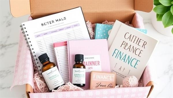 An aesthetically designed subscription box filled with financial wellness goodies like a budget planner, calming essential oils, a wellness journal, and a motivational finance book, creating a sense of excitement and self-improvement for subscribers.