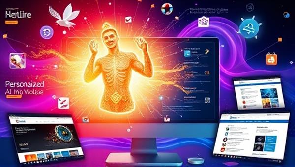 An artistic representation of a digital genie emerging from a computer screen, surrounded by vibrant, personalized website designs, symbolizing creativity and AI innovation in web design.